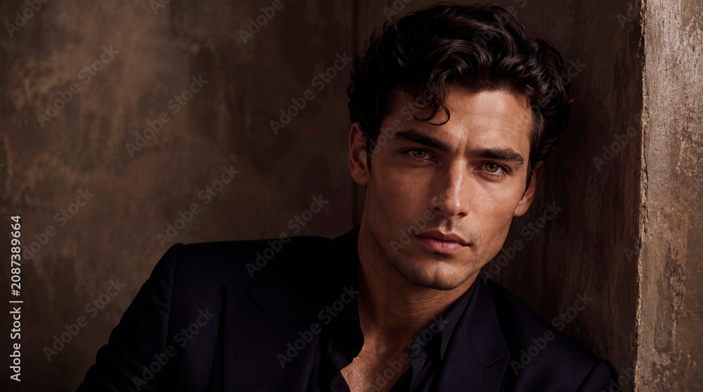 Fototapeta premium Close-up portrait of a handsome and sophisticated young man with dark wavy hair and intense eyes, wearing a black suit jacket and shirt, leaning against a textured brown wall in dramatic studio lighti