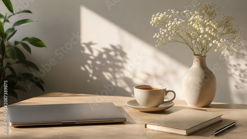 Closed laptop on a wooden desk with a coffee cup and flowers in a vase in a bright sunlit room