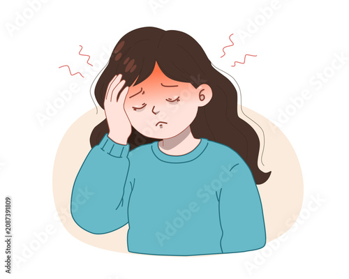 Woman with Headache Holding Her Head, Migraine Pain, Stress and Mental Health Vector Illustration. Minimal flat vector illustration of a young woman suffering from headache or migraine 