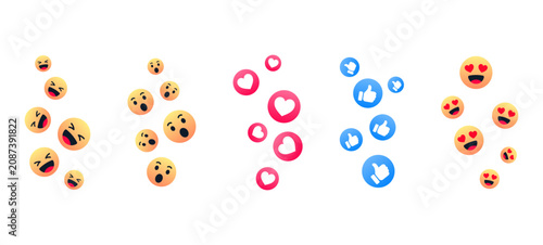 Social media reaction icons flying up — hearts, likes, and laughing emojis in colorful streams for digital engagement and live feedback design