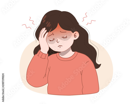 Woman with Headache Holding Her Head, Migraine Pain, Stress and Mental Health Vector Illustration. Minimal flat vector illustration of a young woman suffering from headache or migraine 