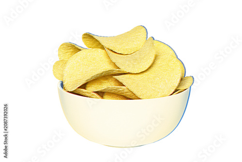 White plate with potato chips in Risograph style with textured vintage print effect, isolated on transparent background for food and branding design