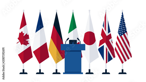 International Flags at Podium, Diplomacy, Global Summit, Conference, Politics, Business Meeting
