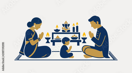 Foto Indian Family Performing Religious Prayer Ceremony with Ganesha Idol and Diyas