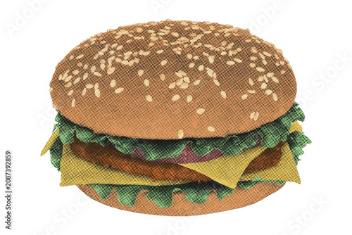 Classic hamburger with cheese and lettuce in Risograph style with textured vintage print effect, isolated on transparent background. Food graphic element for design
