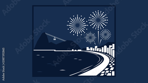 Rio de Janeiro cityscape with Sugarloaf Mountain, cable car, fireworks, and beach promenade