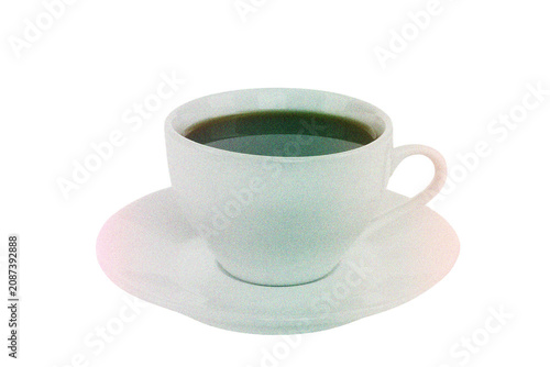Classic white coffee cup in Risograph style with textured vintage print effect, isolated on transparent background. Beverage graphic element for cafe branding and design