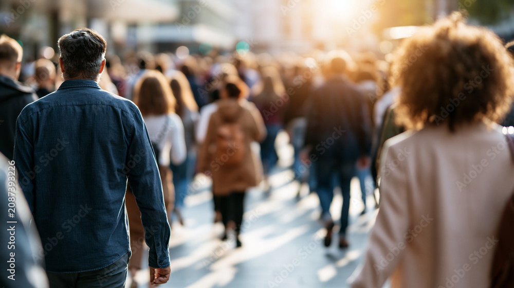 Fototapeta premium A bright pedestrian walkway busy with faceless people soft daylight and layered depth pedestrian walkway crowd pedestrianization urban navigation walkability city life