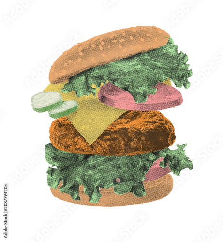 Flying hamburger with scattered ingredients in Risograph style with textured vintage print effect, isolated on transparent background. Dynamic food element for design