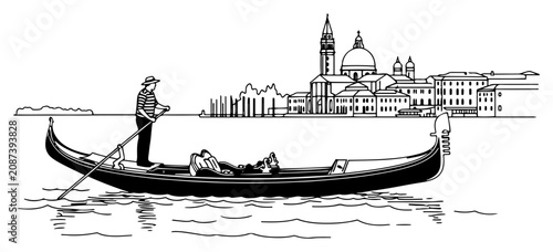 Gondolier rowing a traditional gondola in Venice Italy with landmark church in background minimalist black and white line art vector