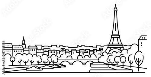 Cuadro en lienzo Eiffel Tower and Paris city skyline along the Seine river in clean line art styl