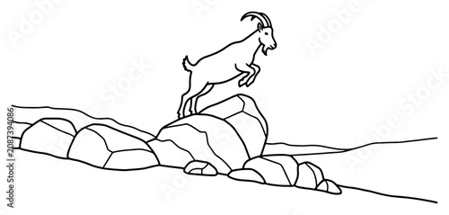 Obraz na płótnie Mountain goat jumping on rocks in wild landscape in minimalist line art