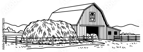Foto Wooden barn and large haystack in fenced paddock in minimalist line art
