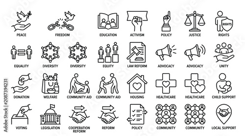 Social justice and human rights line icons, 28 linear vector symbols for activism and community support, black outline icons for non-profit and policy
