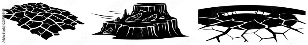 Obraz premium Ground terrain set with cracked earth mesa cliff and crater in minimalist flat vector style