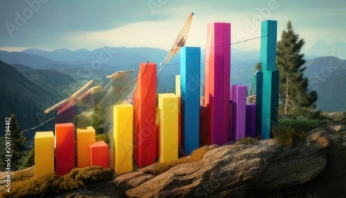Colorful Bar Graph on Mountain Peak - Business Growth Concept.