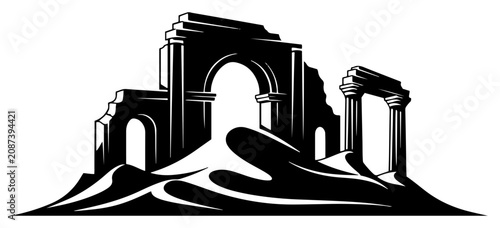 Foto Ancient roman temple ruins and columns buried in desert sand dunes silhouette bl