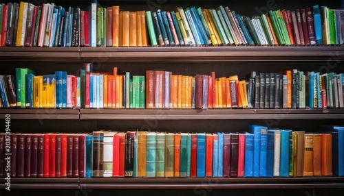 Colorful Books Arranged Neatly on Shelves in a Library.