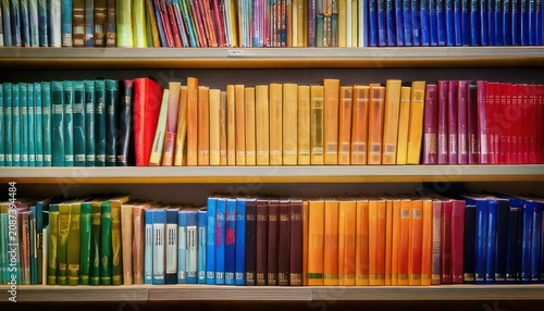Colorful Books Arranged on Shelves in a Library.