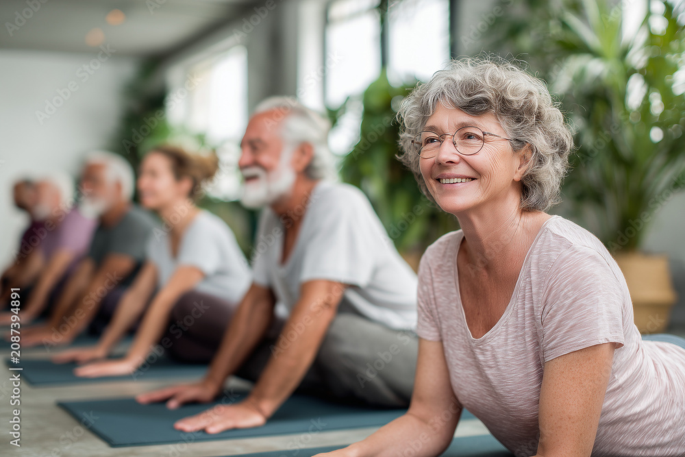 Fototapeta premium Senior Group Practicing Yoga in Bright Studio 