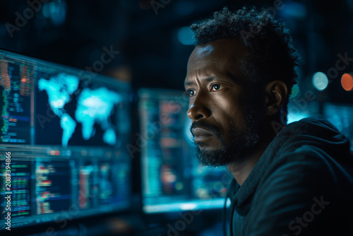 Male Cybersecurity Specialist Monitoring Network Maps