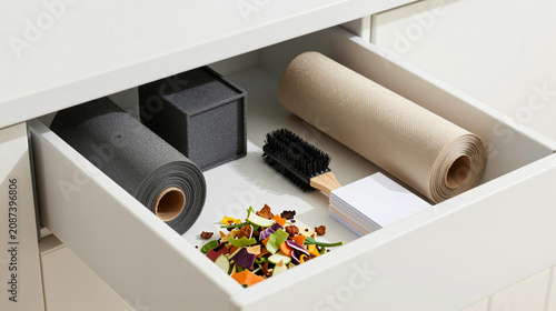 Kitchen compost drawer with scrap caddy and blank routine cards