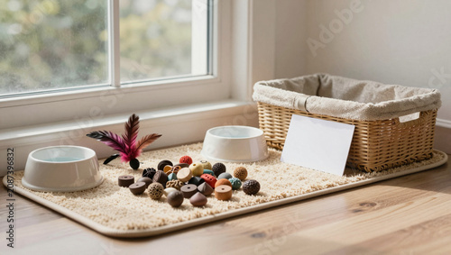Indoor pet enrichment station with puzzle toy and snuffle mat