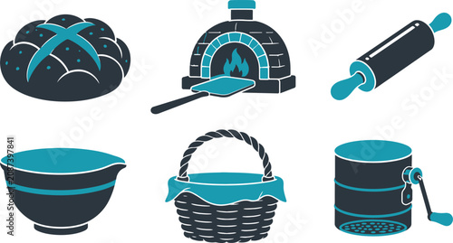 A flat vector illustration set featuring artisanal baking tools including a bread loaf oven rolling pin bowl basket and sifter
