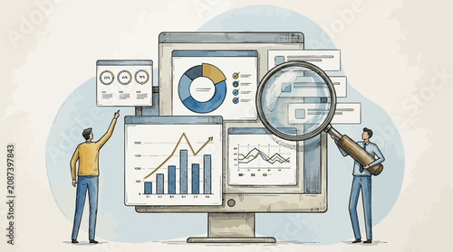 Business experts analyze digital dashboards with various charts and graphs, interpreting market data for strategic planning, financial insights, and informed decision-making