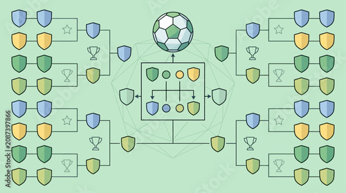 фотографія Sports tournament bracket with team shields and trophy icons, visualized as a co