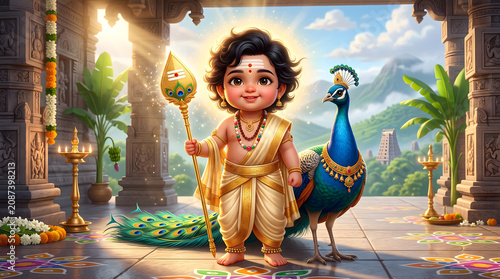 baby murugan god standing beside majestic peacock with glowing halo inside ancient temple hallway near mountain