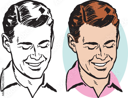 A vintage retro illustration of a man smiling and looking down at something interesting. 