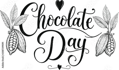 Chocolate day celebration with cacao pods and leaves illustration
