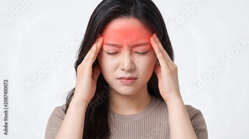 young woman pressing both hands against glowing temples suffering from severe painful migraine headache today