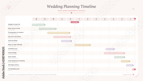 Wedding planning timeline Gantt chart with 12-month countdown, task bars for venue, dress, invitations, and vendors, plus milestone hearts. Editable vector checklist for brides, wedding planners, enga