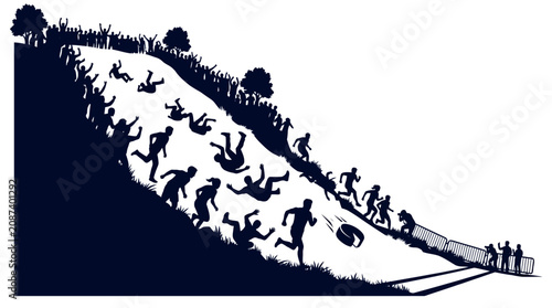 Φωτογραφία Chaos on a steep hill: people tumbling, running, and falling down a grassy slope