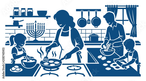 Foto Family cooking Hanukkah latkes in kitchen, Hanukkah menorah on shelf, blue silho
