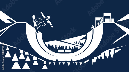 Foto Snowboarder performing trick in halfpipe with mountains and trees background