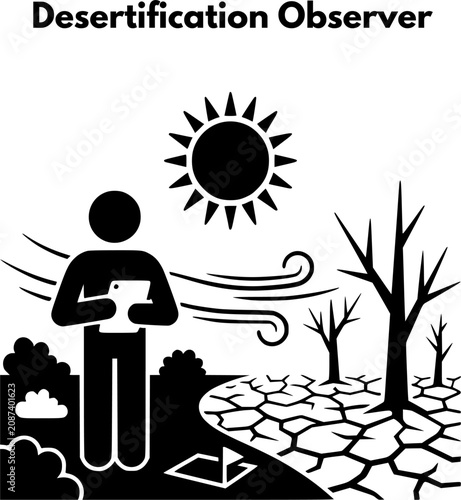 Fotografi Desertification observer scientist analyzing ecological damage and dry cracked g