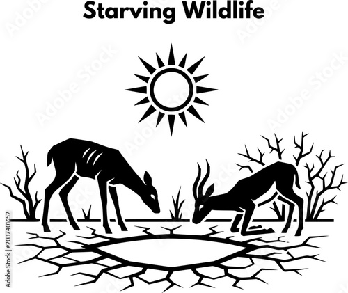 Foto Starving wildlife animals looking for water at dried pond on cracked desert grou