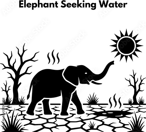 Valokuva Wild elephant seeking water on dry cracked desert ground during severe drought,