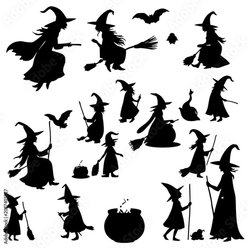 Konstfotografi Witches set with black silhouette illustrations of flying, brewing, and standing