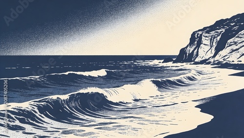 Rolling Ocean Waves and Rocky Cliff Coastal Scene 2-Color Navy Blue Cream Halftone Gradient Risograph Print