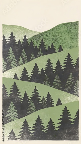 Dense Pine Forest Hills Mountain Landscape Sage Green Charcoal Halftone Dots Risograph Nature Poster Illustration