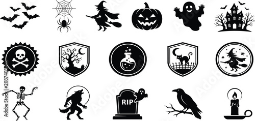 Foto Halloween black silhouette badge and icon set with werewolf vampire bat skeleton