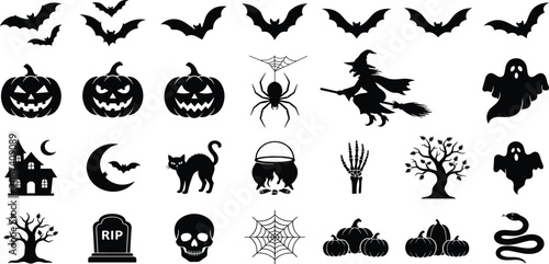 Obraz na plátně Halloween black silhouette flat vector icon bundle with spooky pumpkins bats wit