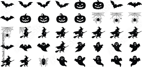 Foto Halloween black silhouette mini icon set with flying bats spooky pumpkins witche