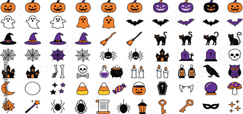 Obraz na płótnie Halloween flat icon set with spooky pumpkins ghosts bats black cats and spooky e