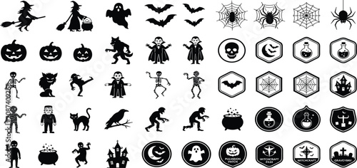 Принти на полотні Massive Halloween black silhouette vector icon bundle featuring spooky monsters