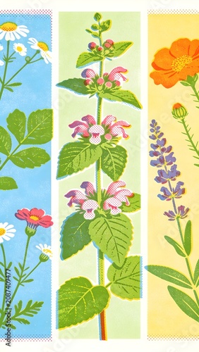 Pressed Field Flowers and Leaves Vertical Botanical Layout 4-Color Limited Palette Analog Risograph Print Asset